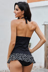 KaleaBoutique Halter Deep V Neck Sleeveless Open Back Ruched Splicing Tankini - KaleaBoutique.com