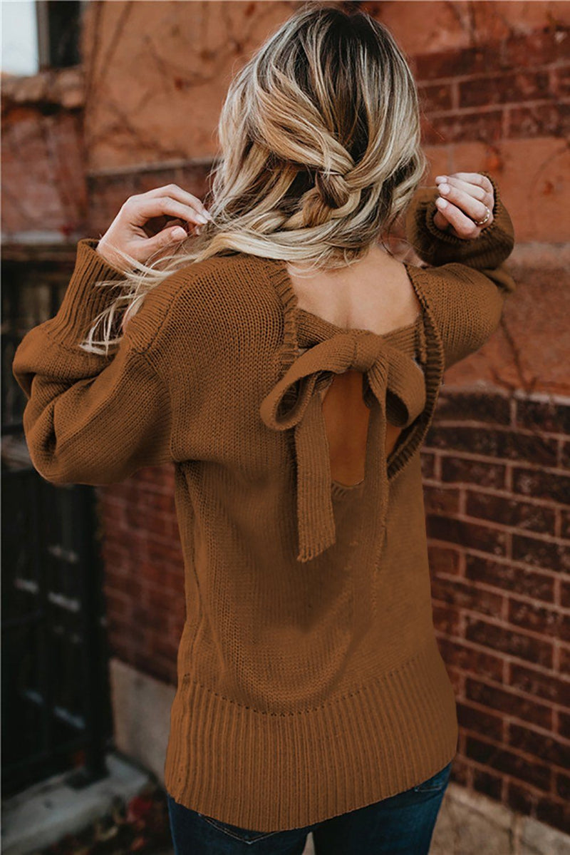 Hollow-out Back Sweater with Tie - KaleaBoutique.com