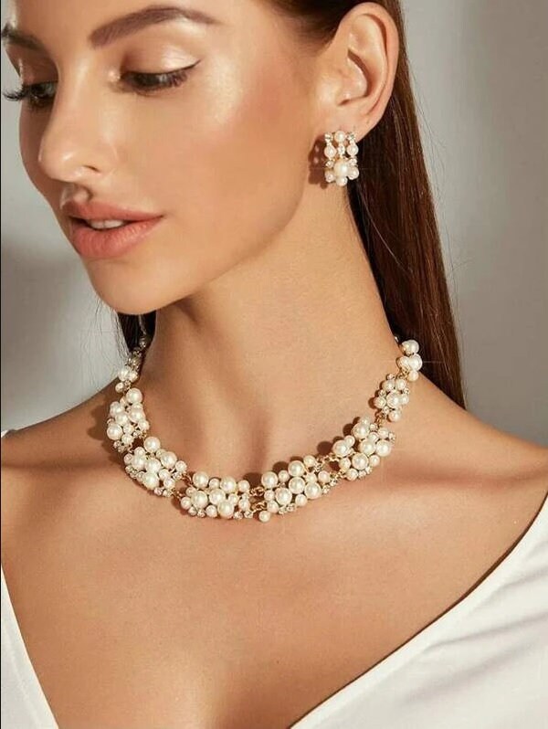 Rhinestone and Pearl Bridal 3 PC Jewelry Set, Gold Earrings and Necklace Fashion Statement Jewelry Set - KaleaBoutique.com