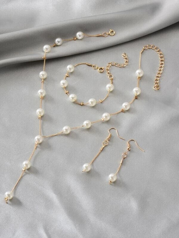 Bridal Pearl Chain Necklace Earrings Bracelet 4 PC Jewelry Set, Wedding or Prom Pearl Necklace - KaleaBoutique.com