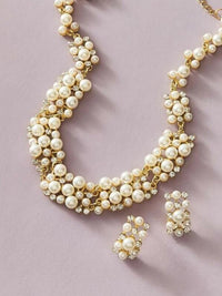 Rhinestone and Pearl Bridal 3 PC Jewelry Set, Gold Earrings and Necklace Fashion Statement Jewelry Set - KaleaBoutique.com