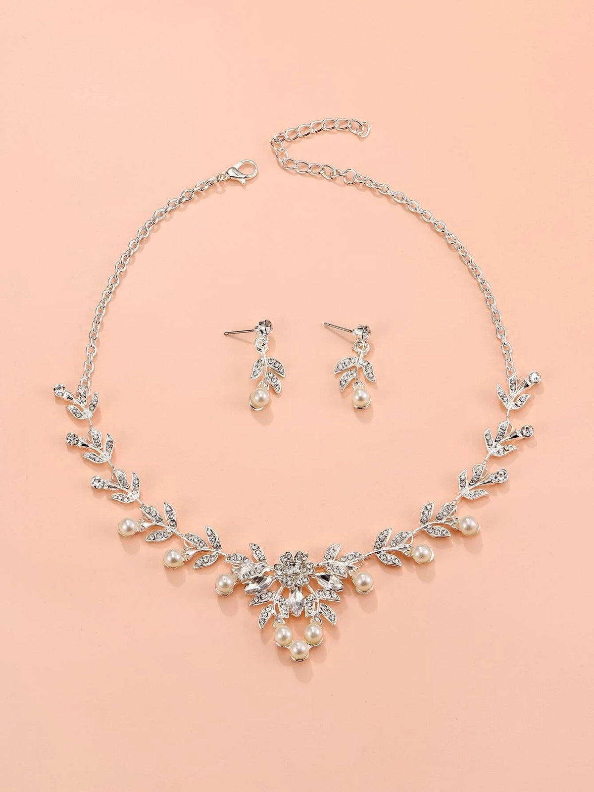 Bridal Pearl Necklace and Earrings 3 PC Jewelry Set, Wedding Crystal V-Necklace and Ear Studs Pearl Jewelry Set - KaleaBoutique.com