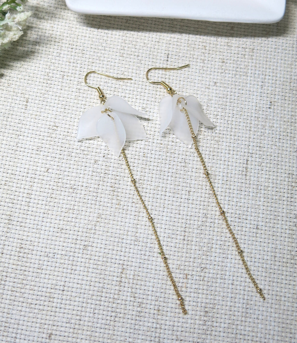 White Floral Petal Earrings Boho Wedding Flower Studs Gold Satellite Chain Tassel Earrings Bridal Minimalist Bridesmaid Dangle Studs 4.75"L - KaleaBoutique.com