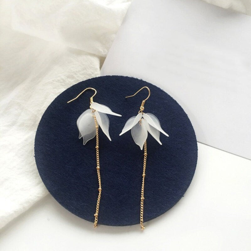 White Floral Petal Earrings Boho Wedding Flower Studs Gold Satellite Chain Tassel Earrings Bridal Minimalist Bridesmaid Dangle Studs 4.75"L - KaleaBoutique.com