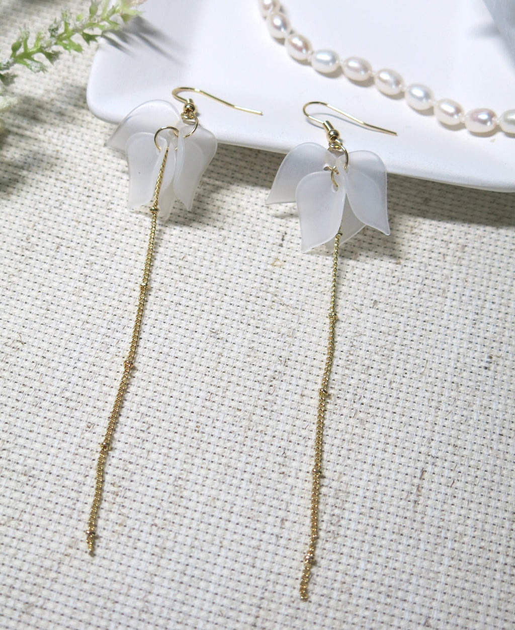 White Floral Petal Earrings Boho Wedding Flower Studs Gold Satellite Chain Tassel Earrings Bridal Minimalist Bridesmaid Dangle Studs 4.75"L - KaleaBoutique.com