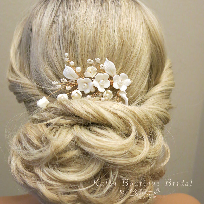 Ceramic Flower Bridal Pearl Hairclip, Rhinestone Leaf Wedding Alligator Hairclip, Bridesmaid Gold Flower Hairpiece - KaleaBoutique.com