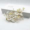 Ceramic Flower Bridal Pearl Hairclip, Rhinestone Leaf Wedding Alligator Hairclip, Bridesmaid Gold Flower Hairpiece - KaleaBoutique.com