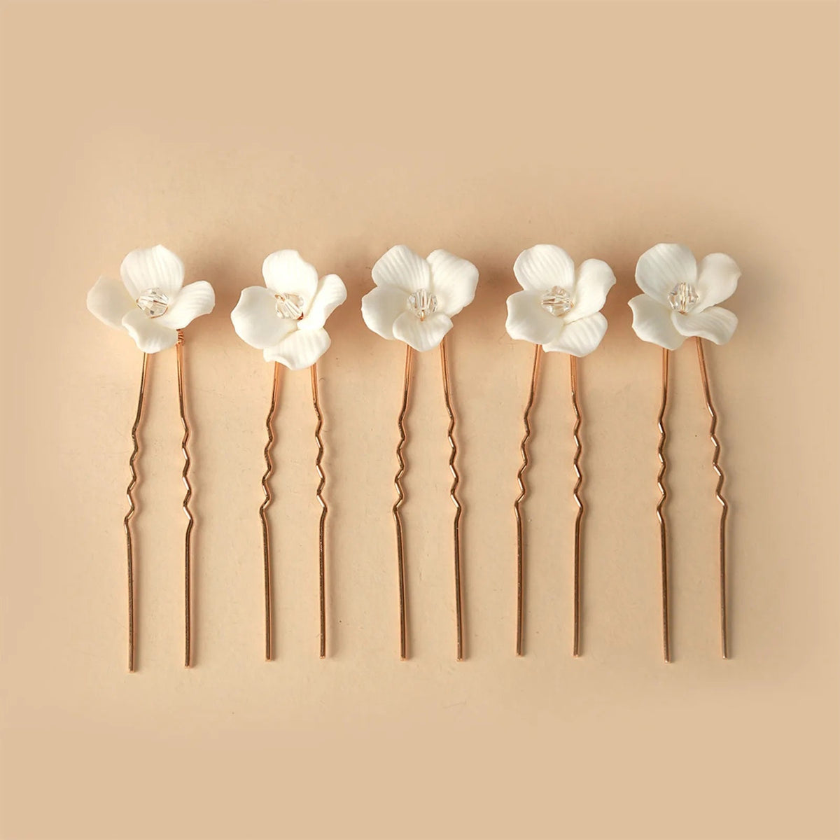 Porcelain Flower 5 PC Hairpin Set, Wedding Ceramic Floral U Hair Pins, Bridal White Flower Hand Wired Hairpins, Set of 5 PC - KaleaBoutique.com