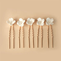 Porcelain Flower 5 PC Hairpin Set, Wedding Ceramic Floral U Hair Pins, Bridal White Flower Hand Wired Hairpins, Set of 5 PC - KaleaBoutique.com
