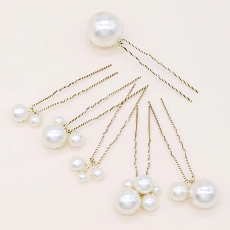 Pearl Cluster 6 PC Hairpin Set, Wedding Pearl Bridal U Hair Pins, Mixed Size Pearl 6 PC Hairpin Set - KaleaBoutique.com