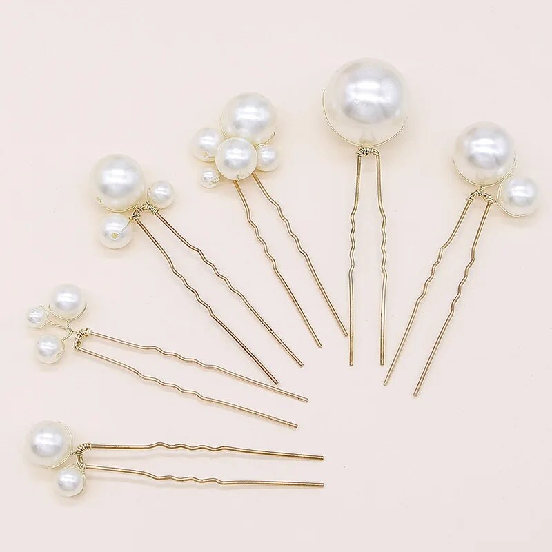 Pearl Cluster 6 PC Hairpin Set, Wedding Pearl Bridal U Hair Pins, Mixed Size Pearl 6 PC Hairpin Set - KaleaBoutique.com