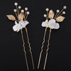 Two Flowers 2 PC Bridal Hairpin Set, Wedding Ceramic U Shape Hair Pins, Wired Pearl Hair Pins, in Gold or Silver - KaleaBoutique.com