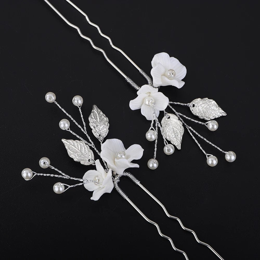 Two Flowers 2 PC Bridal Hairpin Set, Wedding Ceramic U Shape Hair Pins, Wired Pearl Hair Pins, in Gold or Silver - KaleaBoutique.com