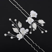 Two Flowers 2 PC Bridal Hairpin Set, Wedding Ceramic U Shape Hair Pins, Wired Pearl Hair Pins, in Gold or Silver - KaleaBoutique.com