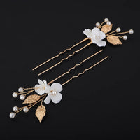 Two Flowers 2 PC Bridal Hairpin Set, Wedding Ceramic U Shape Hair Pins, Wired Pearl Hair Pins, in Gold or Silver - KaleaBoutique.com