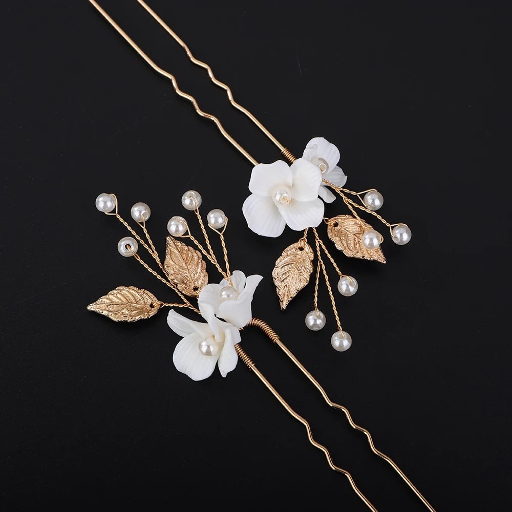 Two Flowers 2 PC Bridal Hairpin Set, Wedding Ceramic U Shape Hair Pins, Wired Pearl Hair Pins, in Gold or Silver - KaleaBoutique.com