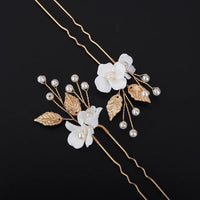 Two Flowers 2 PC Bridal Hairpin Set, Wedding Ceramic U Shape Hair Pins, Wired Pearl Hair Pins, in Gold or Silver - KaleaBoutique.com