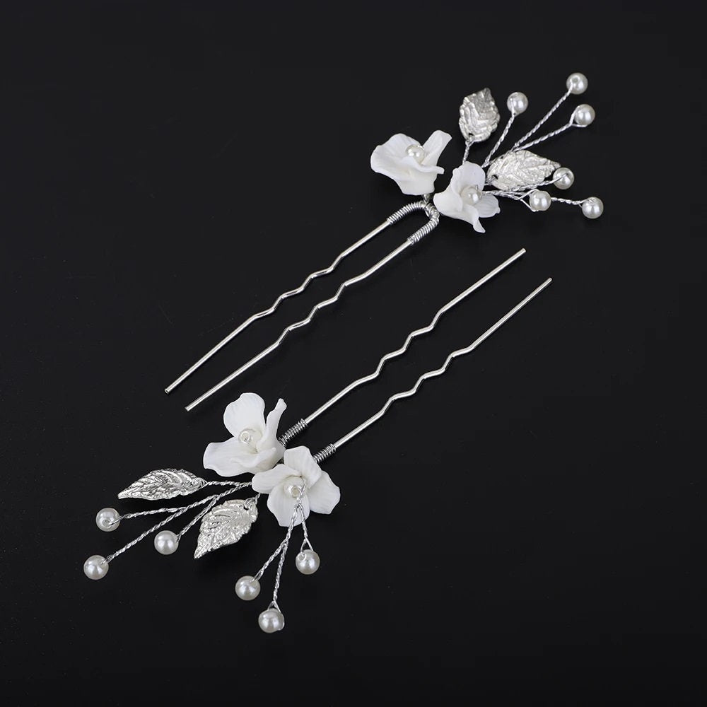 Two Flowers 2 PC Bridal Hairpin Set, Wedding Ceramic U Shape Hair Pins, Wired Pearl Hair Pins, in Gold or Silver - KaleaBoutique.com