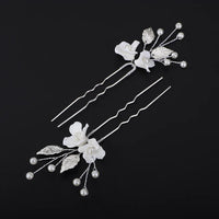 Two Flowers 2 PC Bridal Hairpin Set, Wedding Ceramic U Shape Hair Pins, Wired Pearl Hair Pins, in Gold or Silver - KaleaBoutique.com