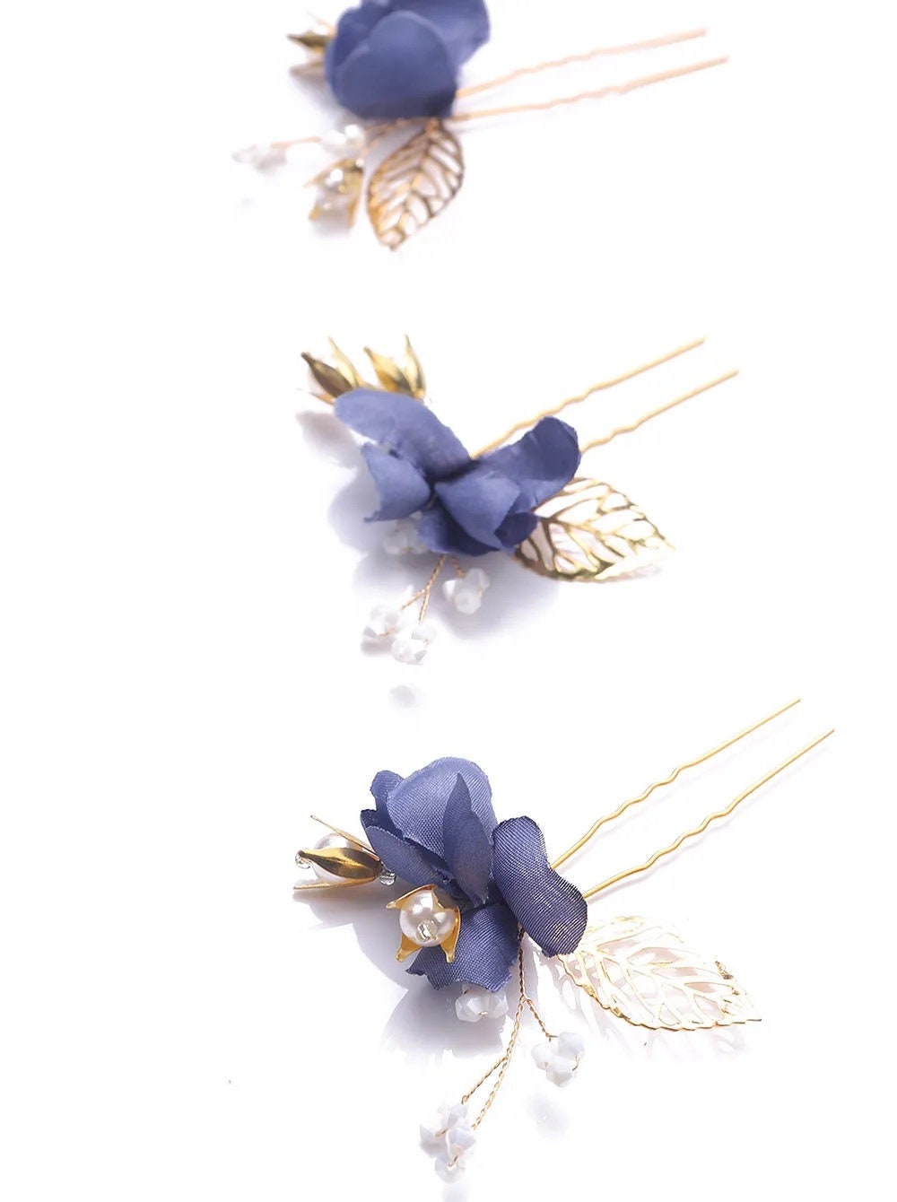 Blue Flowers 3 PC Bridal Hairpin Set, Wedding Blue Silk Flower U-Shape Hair Pins, Bridesmaid Blue Flower Hairpins, Bride Flower Blue Hairpin - KaleaBoutique.com