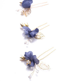 Blue Flowers 3 PC Bridal Hairpin Set, Wedding Blue Silk Flower U-Shape Hair Pins, Bridesmaid Blue Flower Hairpins, Bride Flower Blue Hairpin - KaleaBoutique.com