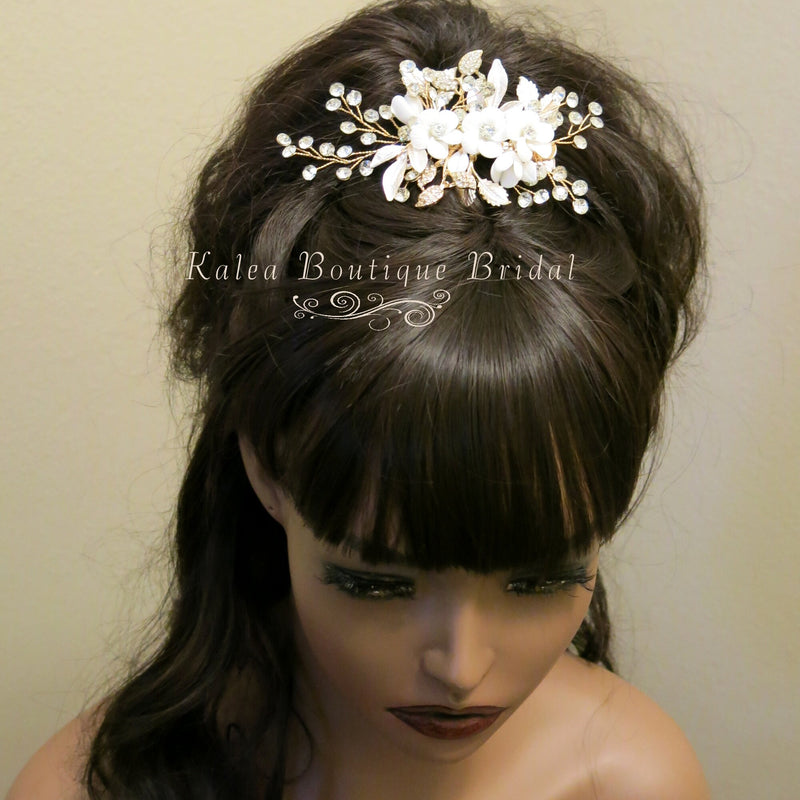 Ceramic Flower Hair Clip with Rhinestone Gems, White Flower Bridal Hairpiece Hair Clip, Wedding Floral Rhinestone Alligator Clip Headpiece - KaleaBoutique.com