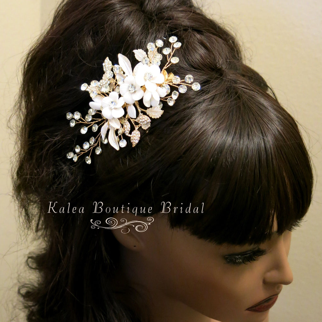 Ceramic Flower Hair Clip with Rhinestone Gems, White Flower Bridal Hairpiece Hair Clip, Wedding Floral Rhinestone Alligator Clip Headpiece - KaleaBoutique.com