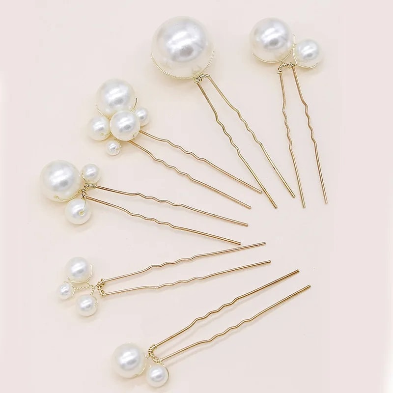 Pearl Cluster 6 PC Hairpin Set, Wedding Pearl Bridal U Hair Pins, Mixed Size Pearl 6 PC Hairpin Set - KaleaBoutique.com