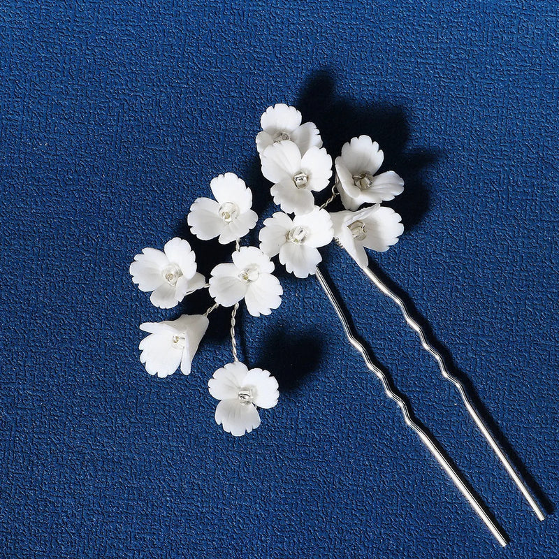 Floral Bouquet Bridal Hairpin, Soft Ceramic White Hair Pin, Flower Bunch Wedding U-Shape Hair Pin - KaleaBoutique.com