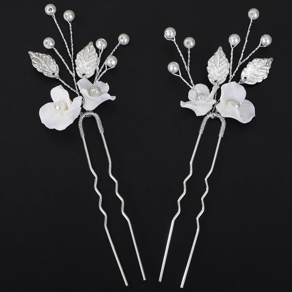 Two Flowers 2 PC Bridal Hairpin Set, Wedding Ceramic U Shape Hair Pins, Wired Pearl Hair Pins, in Gold or Silver - KaleaBoutique.com