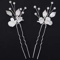 Two Flowers 2 PC Bridal Hairpin Set, Wedding Ceramic U Shape Hair Pins, Wired Pearl Hair Pins, in Gold or Silver - KaleaBoutique.com