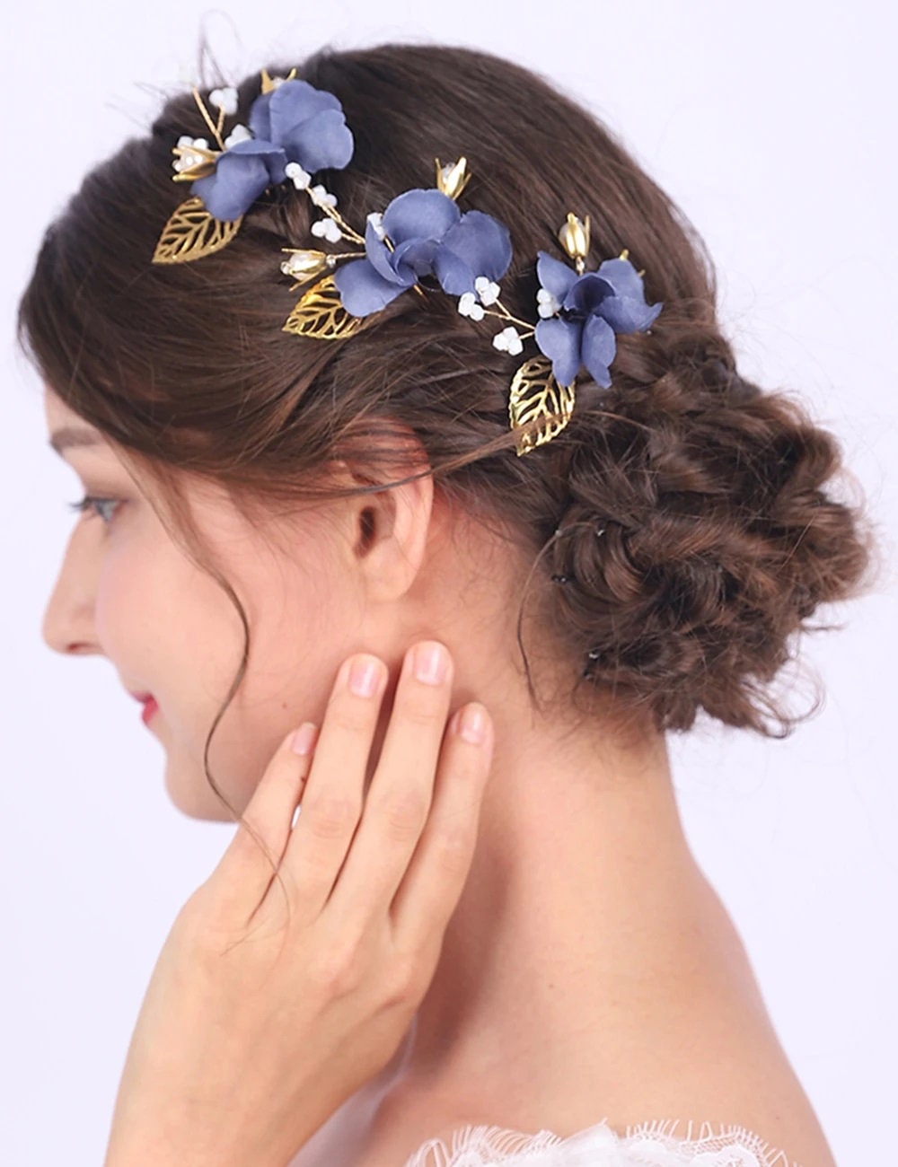 Blue Flowers 3 PC Bridal Hairpin Set, Wedding Blue Silk Flower U-Shape Hair Pins, Bridesmaid Blue Flower Hairpins, Bride Flower Blue Hairpin - KaleaBoutique.com