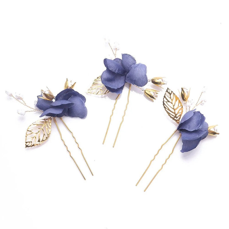 Blue Flowers 3 PC Bridal Hairpin Set, Wedding Blue Silk Flower U-Shape Hair Pins, Bridesmaid Blue Flower Hairpins, Bride Flower Blue Hairpin - KaleaBoutique.com