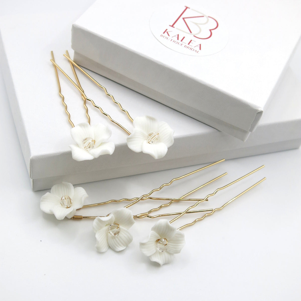 Porcelain Flower 5 PC Hairpin Set, Wedding Ceramic Floral U Hair Pins, Bridal White Flower Hand Wired Hairpins, Set of 5 PC - KaleaBoutique.com