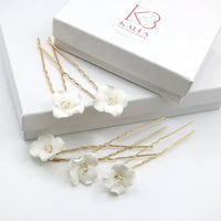 Porcelain Flower 5 PC Hairpin Set, Wedding Ceramic Floral U Hair Pins, Bridal White Flower Hand Wired Hairpins, Set of 5 PC - KaleaBoutique.com
