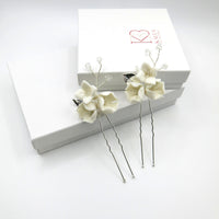 Porcelain Flower 2 PC Hairpin Set, Wedding Clay Floral U-Shape Hair Pins, Bridal Ceramic Flower Hair Pin Set - KaleaBoutique.com