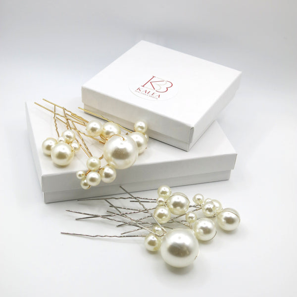 Pearl Cluster 6 PC Hairpin Set, Wedding Pearl Bridal U Hair Pins, Mixed Size Pearl 6 PC Hairpin Set - KaleaBoutique.com