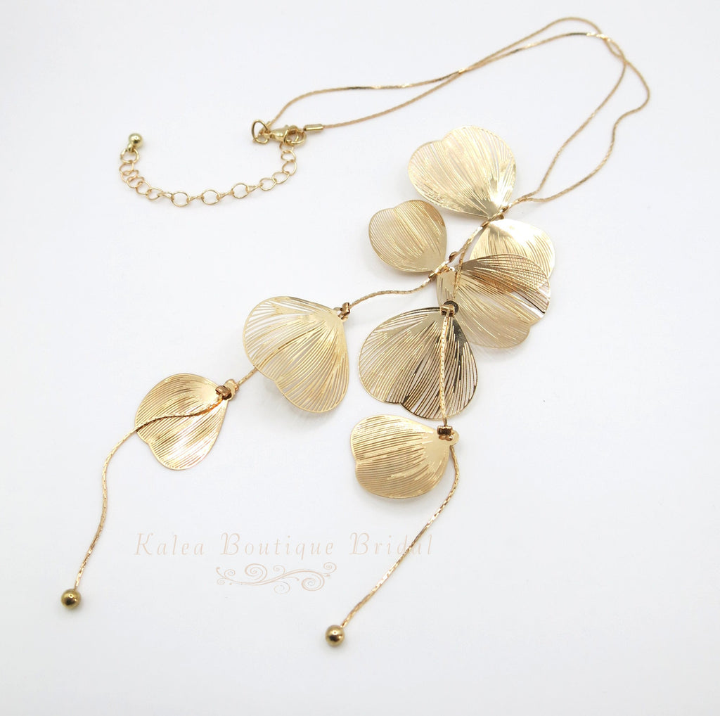 Long Dangle Y Necklace, Snake Chain Tie Necklace, Floral Deep V Bridal Necklace, Two Flower Hair Comb, or Large Flower Earrings - KaleaBoutique.com