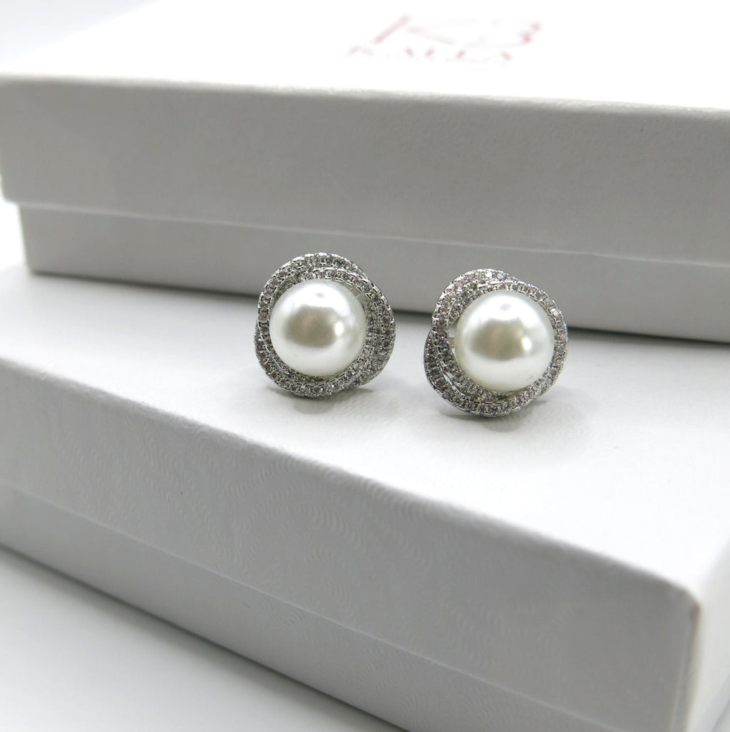 White Pearl Minimalist Ear Studs, CZ Crystal Round Faux Pearl Earrings, Wedding Pearl Earrings for Bride, Bridesmaids, Flower Girl - KaleaBoutique.com