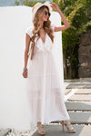 KaleaBoutique Beautiful White Lace Splicing Ruffled Deep V Neck Maxi Dress - KaleaBoutique.com