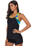 KaleaBoutique Black Blouson Striped Strappy T-Back Push-up Tankini Top - KaleaBoutique.com