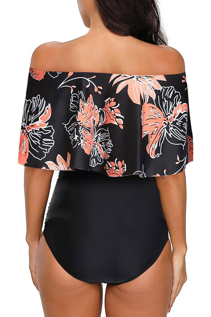 KaleaBoutique Black Printed Off Shoulder Flounce Overlay One-Piece Swimwear - KaleaBoutique.com