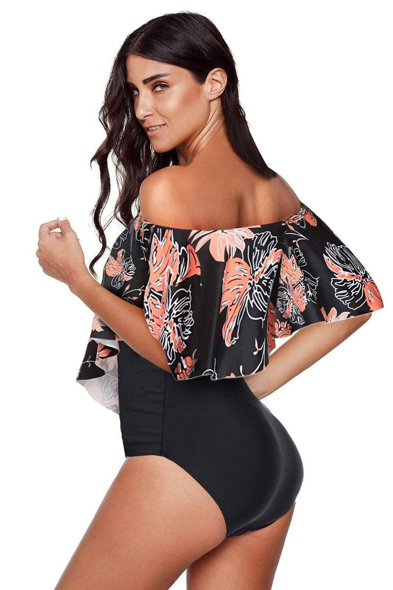 KaleaBoutique Black Printed Off Shoulder Flounce Overlay One-Piece Swimwear - KaleaBoutique.com