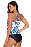 KaleaBoutique Blue Floral Print Criss Cross Hollow-out Tankini Swimwear - KaleaBoutique.com