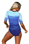 KaleaBoutique Blue Print Zipper Front Half Sleeve One Piece Swimsuit - KaleaBoutique.com