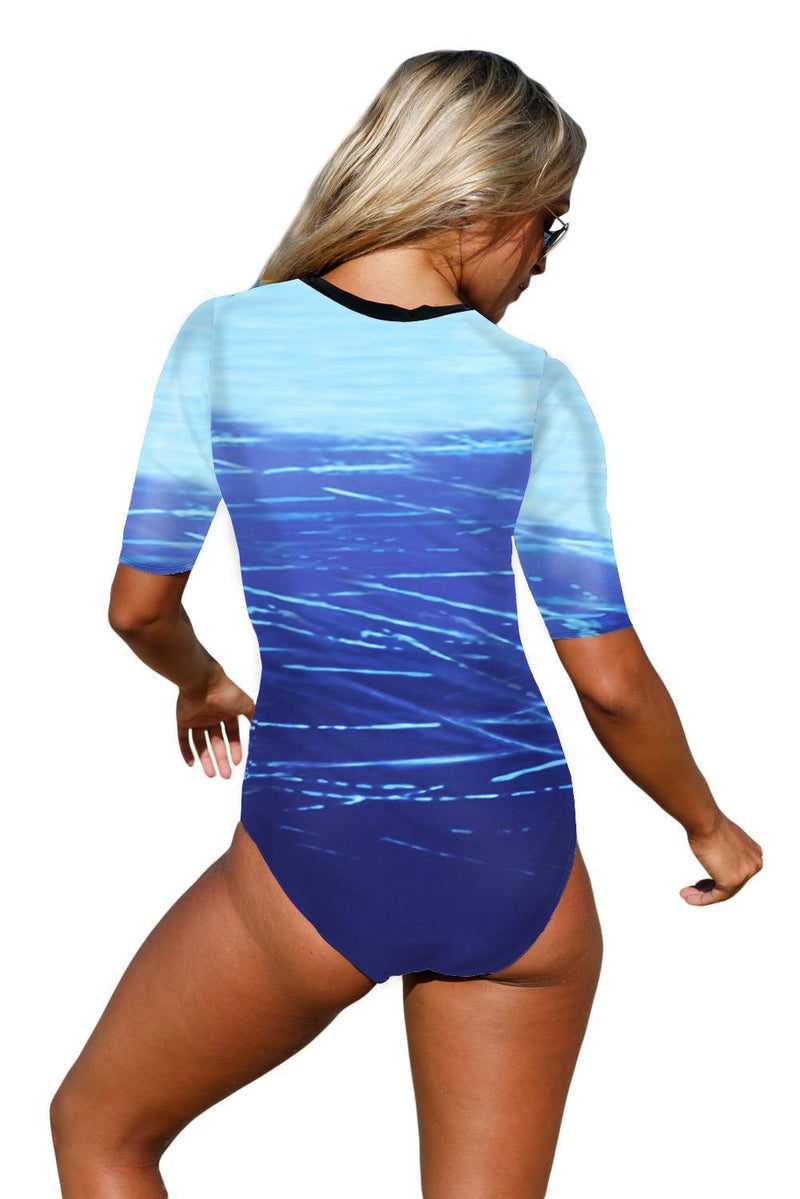 KaleaBoutique Blue Print Zipper Front Half Sleeve One Piece Swimsuit - KaleaBoutique.com