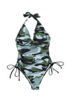 KaleaBoutique Camouflage Drawstring Sides Backless One Piece Halter Neck Swimsuit - KaleaBoutique.com