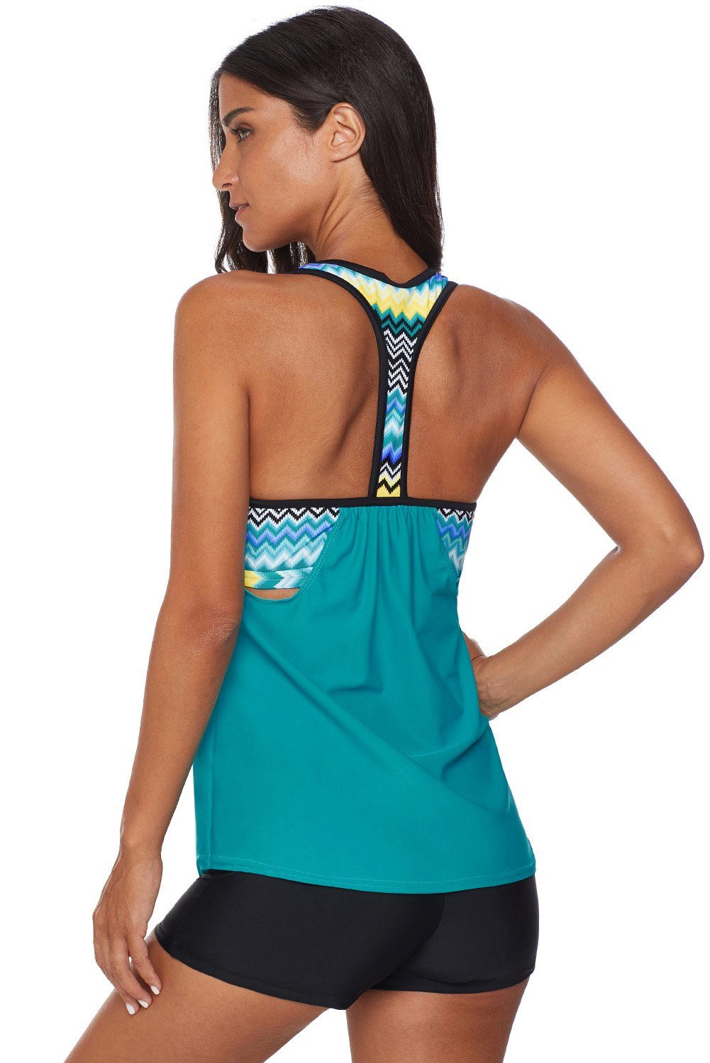 KaleaBoutique Green Blouson Striped Printed Strappy T-Back Push up Tankini Top - KaleaBoutique.com