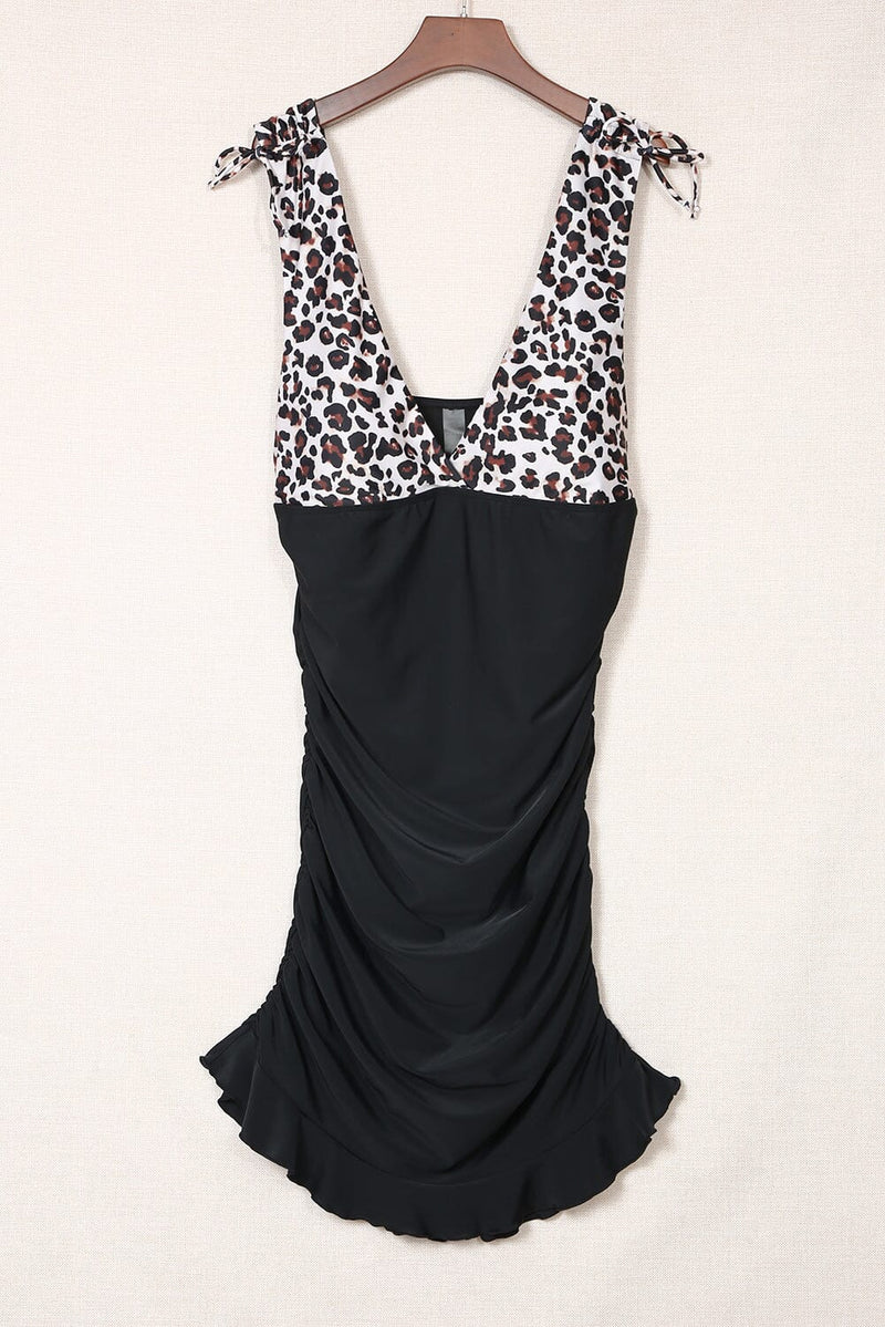 KaleaBoutique Plus Size Leopard Animal Print Ruched Ruffled Hem Swim Dress V Neck One-piece Swimsuit - KaleaBoutique.com