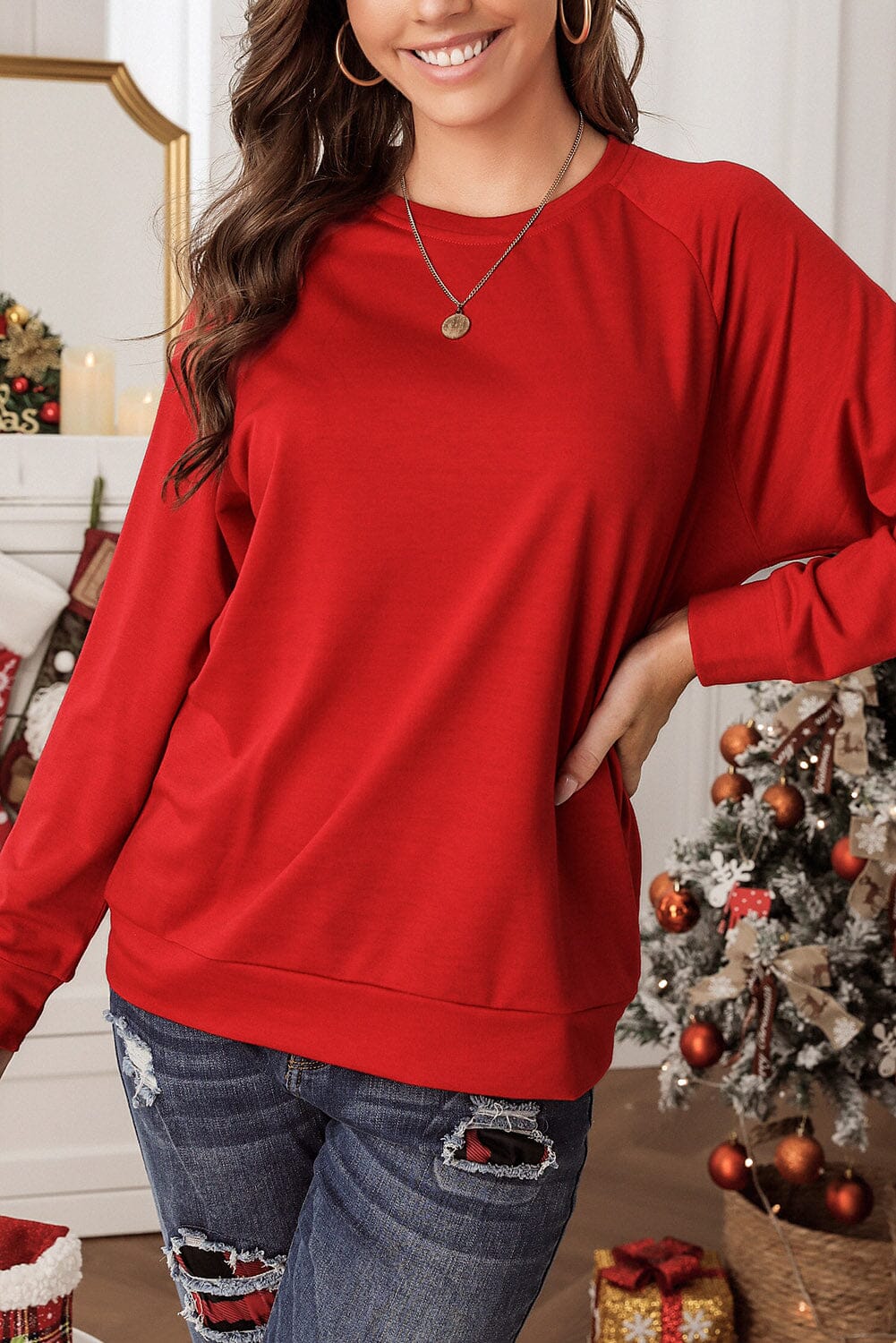 KaleaBoutique Solid Round Neck Raglan Sleeve Red Sweatshirt Top Pullover Sweater Shirt - KaleaBoutique.com
